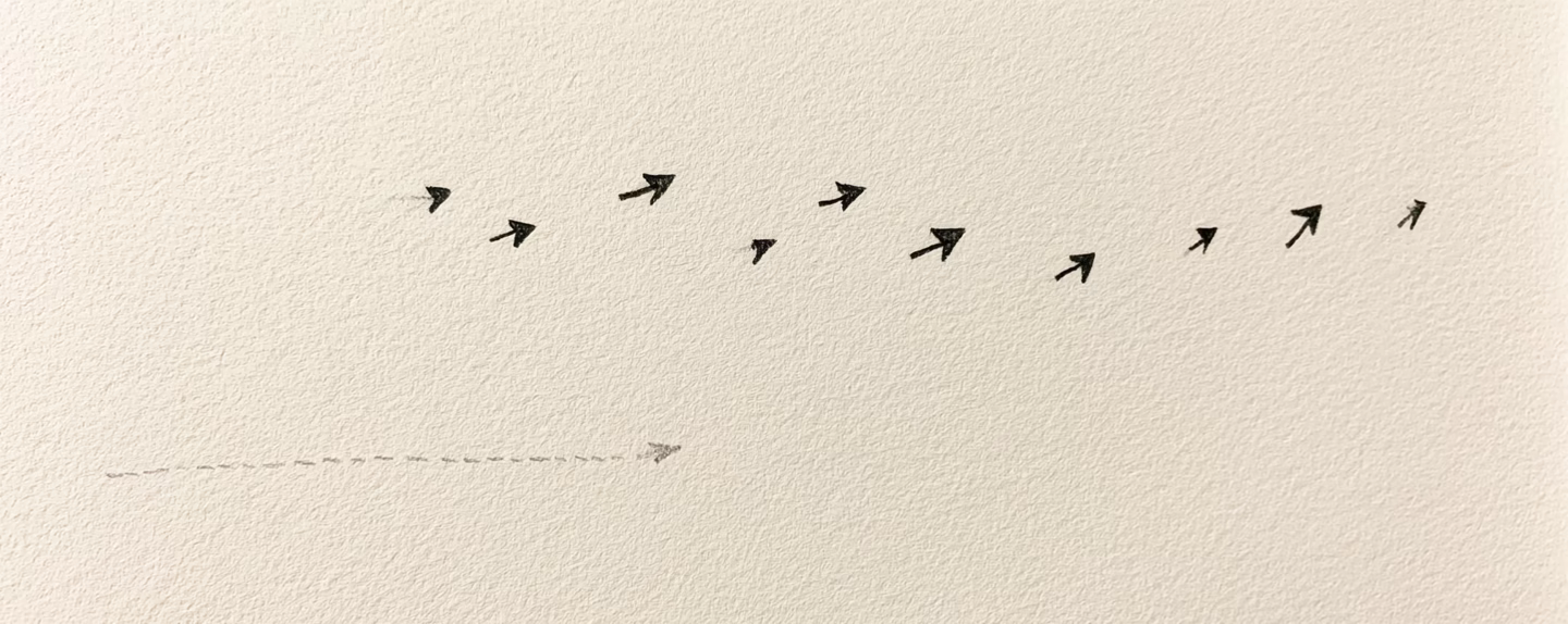 Pencil drawing: a faint dashed line pointing right, with bold arrows above it all pointing roughly right at different angles