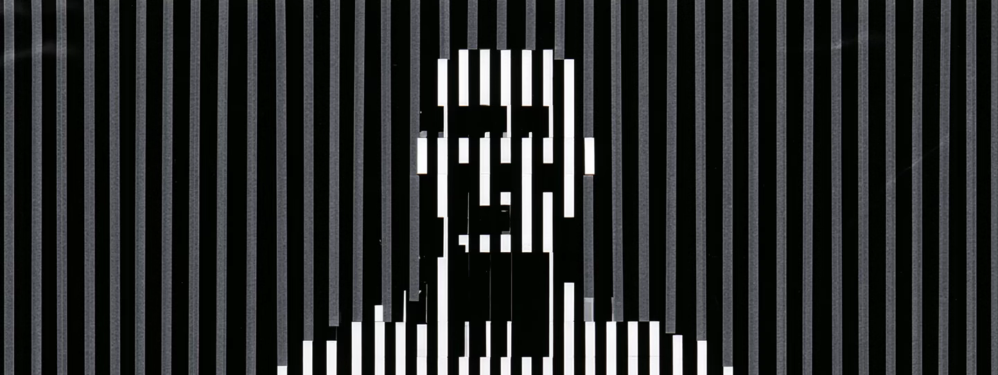 Black-and-white vertical-stripe graphic of a blocky man's bust