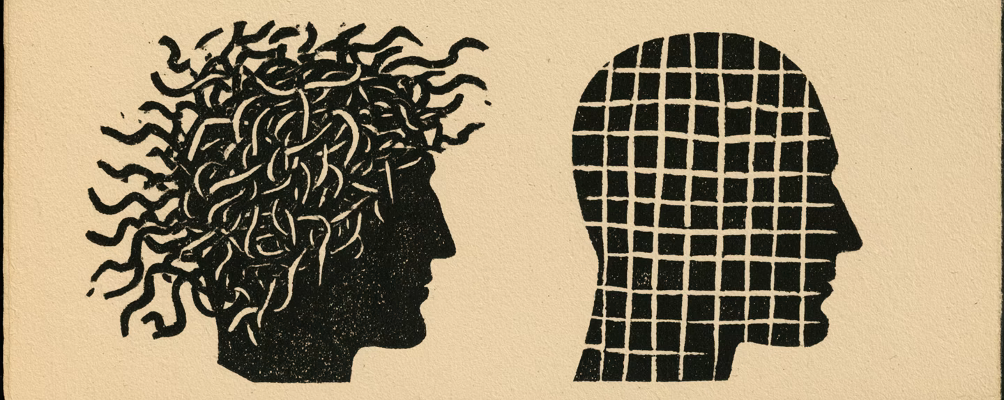 Black ink woodcut on cream paper of two side-profile heads, one filled with tangled growing lines, the other with a rigid frozen grid