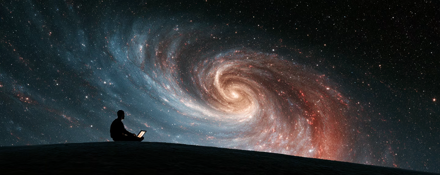 Tiny silhouette of a man with a laptop sitting on a dark hill beside a colossal spiral galaxy of blue, red and gold star trails