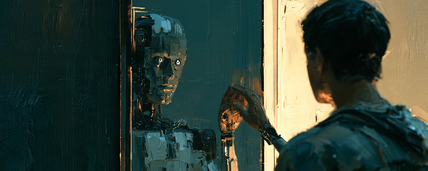 Painting of a human touching a mirror as a humanoid robot stares back, in deep teal and warm gold