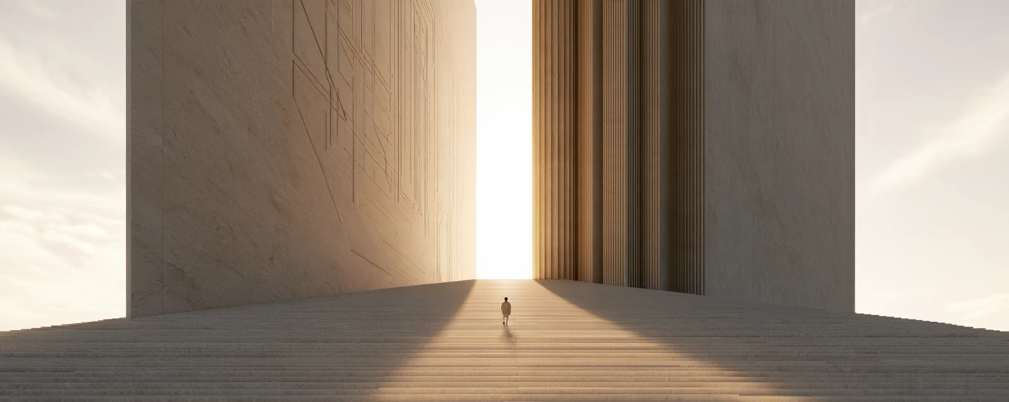 Lone figure climbing vast marble steps toward a blinding gap between two giant white monoliths