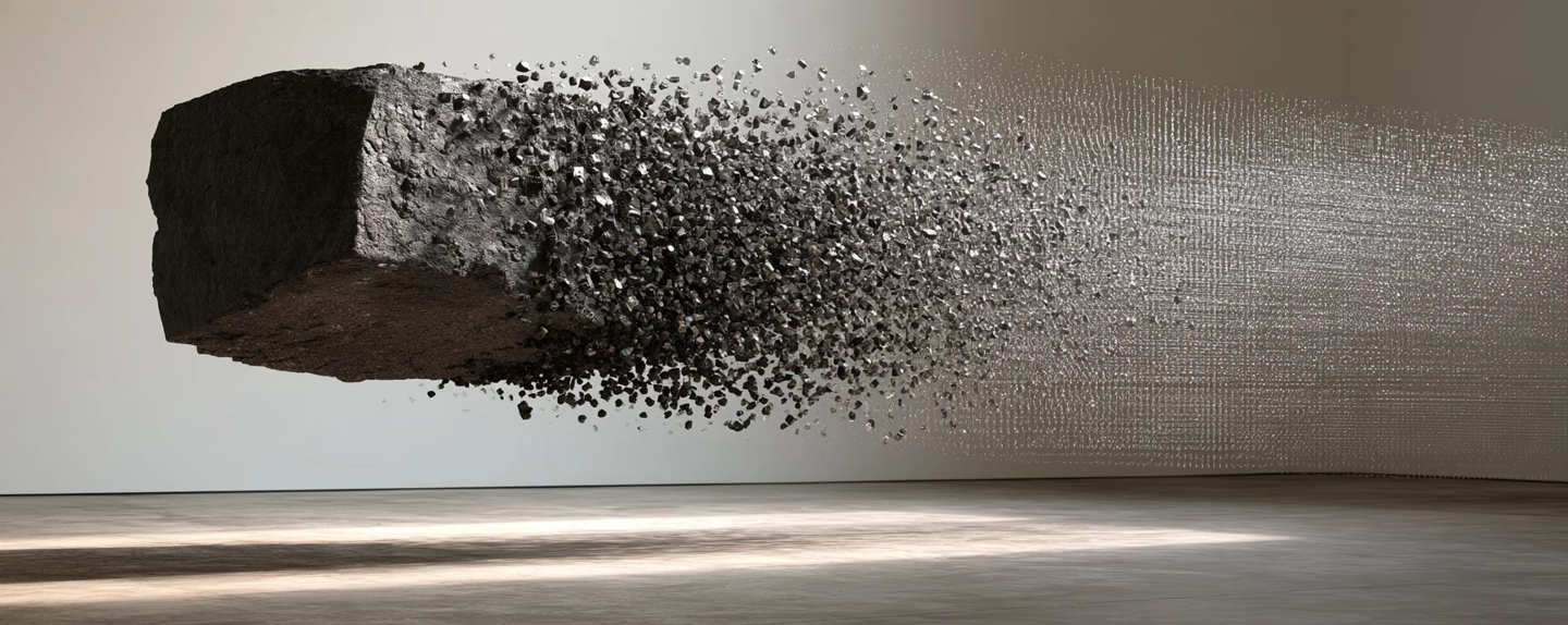 Suspended block of black basalt dissolving into a precise grid of silver particles