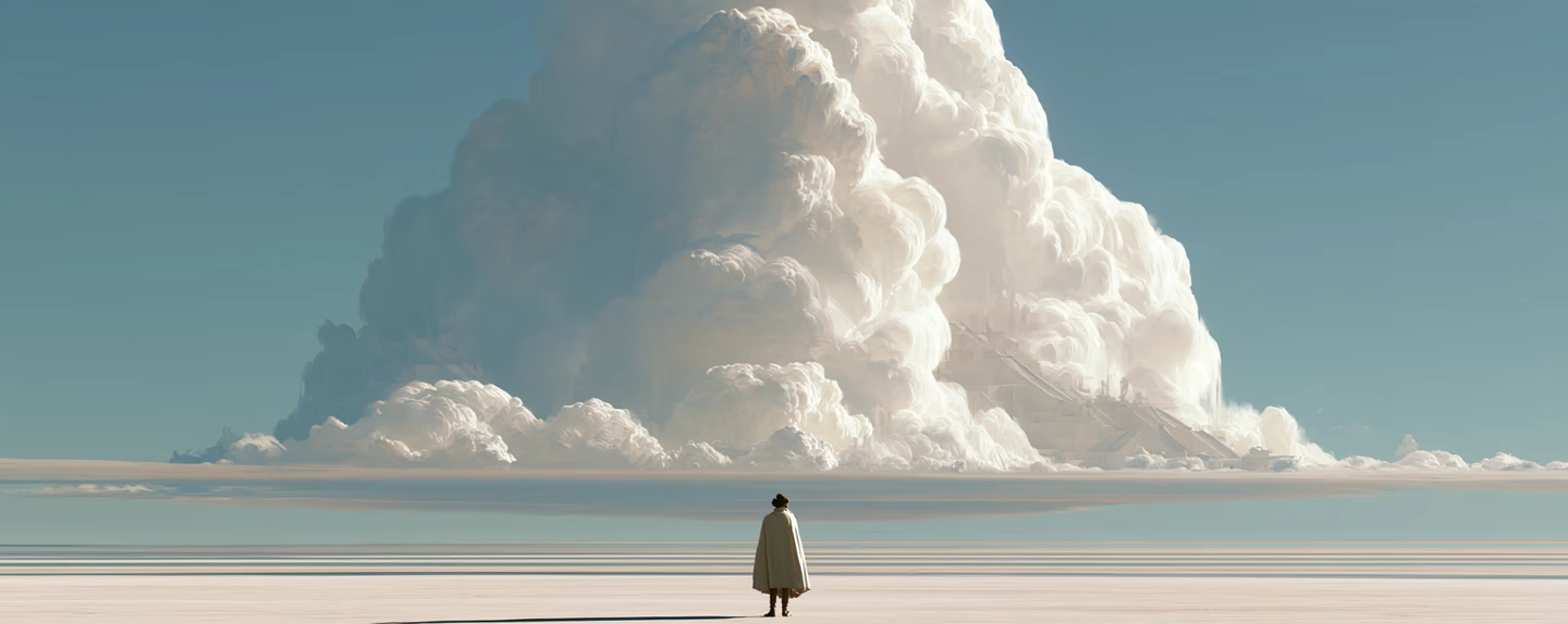 A lone man facing an immense cloud above a pale, open landscape.